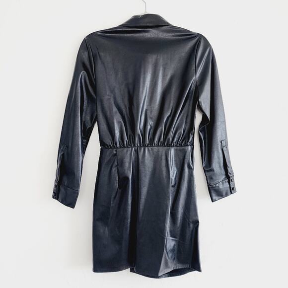Zara Black Faux Leather Dress Faux Wrap Shirt Dress Lapel Collar Size Small - Picture 5 of 8